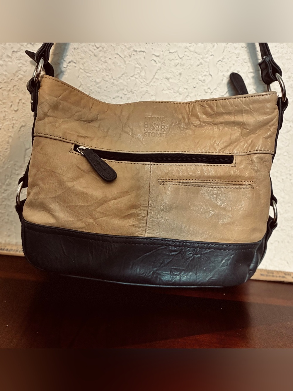 Stone & Co Leather Shoulder Bag with Navy Trim and Tan Panels - Picture 3 of 10